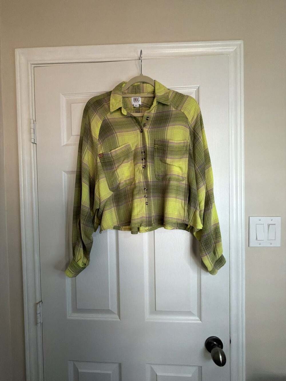 BDG Plaid Button-Down Crop Shirt Size S Green Yellow